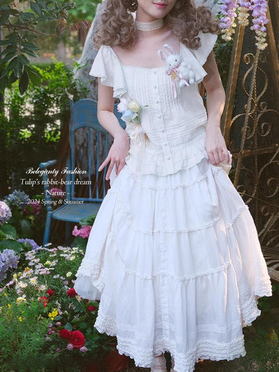 Beleganty~Tulip's Rabbit-Bear Dream~Sweet Lolita SK Suit Lolita Flutter Sleeve Top White - Flutter Sleeve Top S 