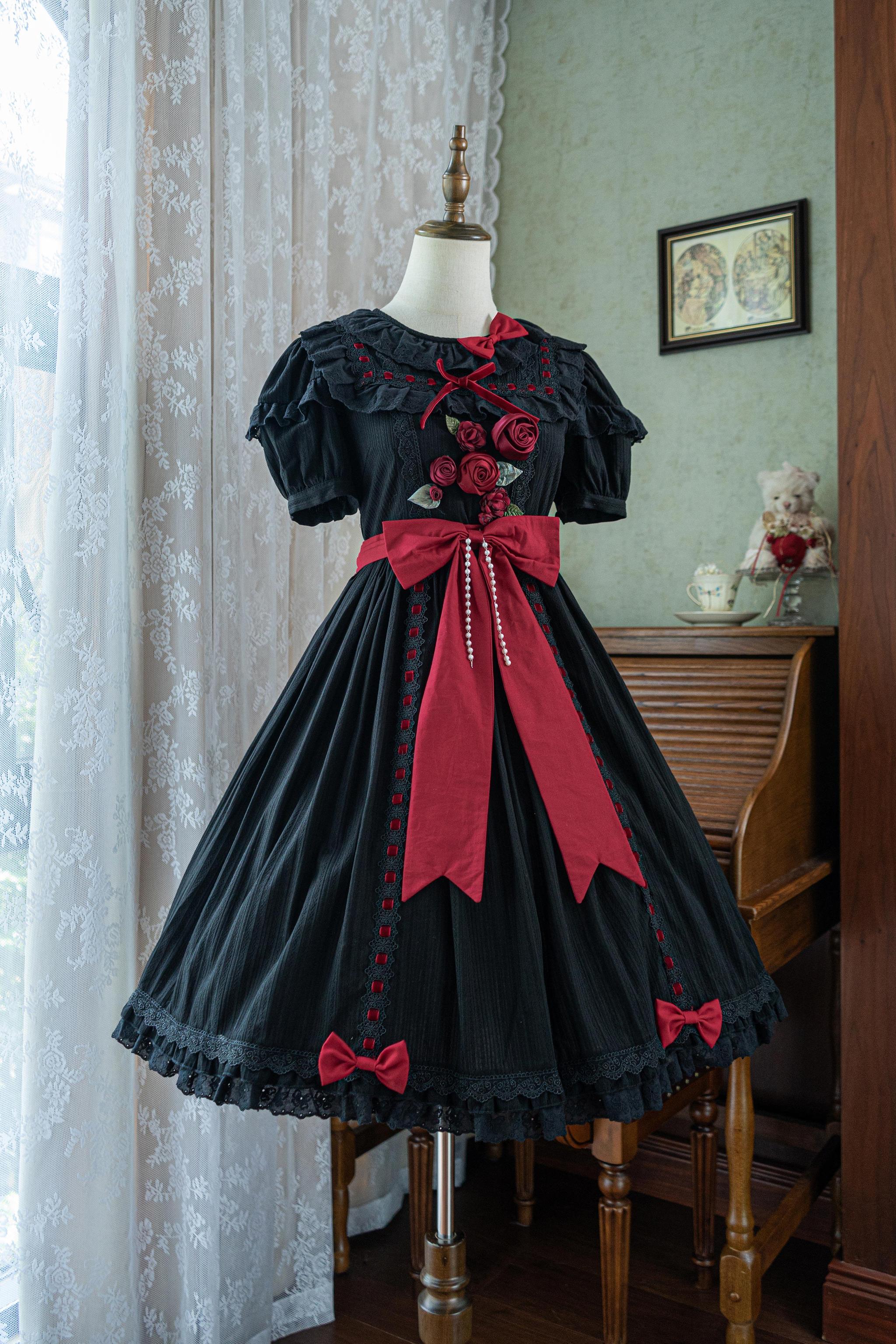 Moon Rose Poem - Classic Lolita OP Dress with 3D Rose Ornaments (Black / 2XL L M S XL XS) 45475:850747