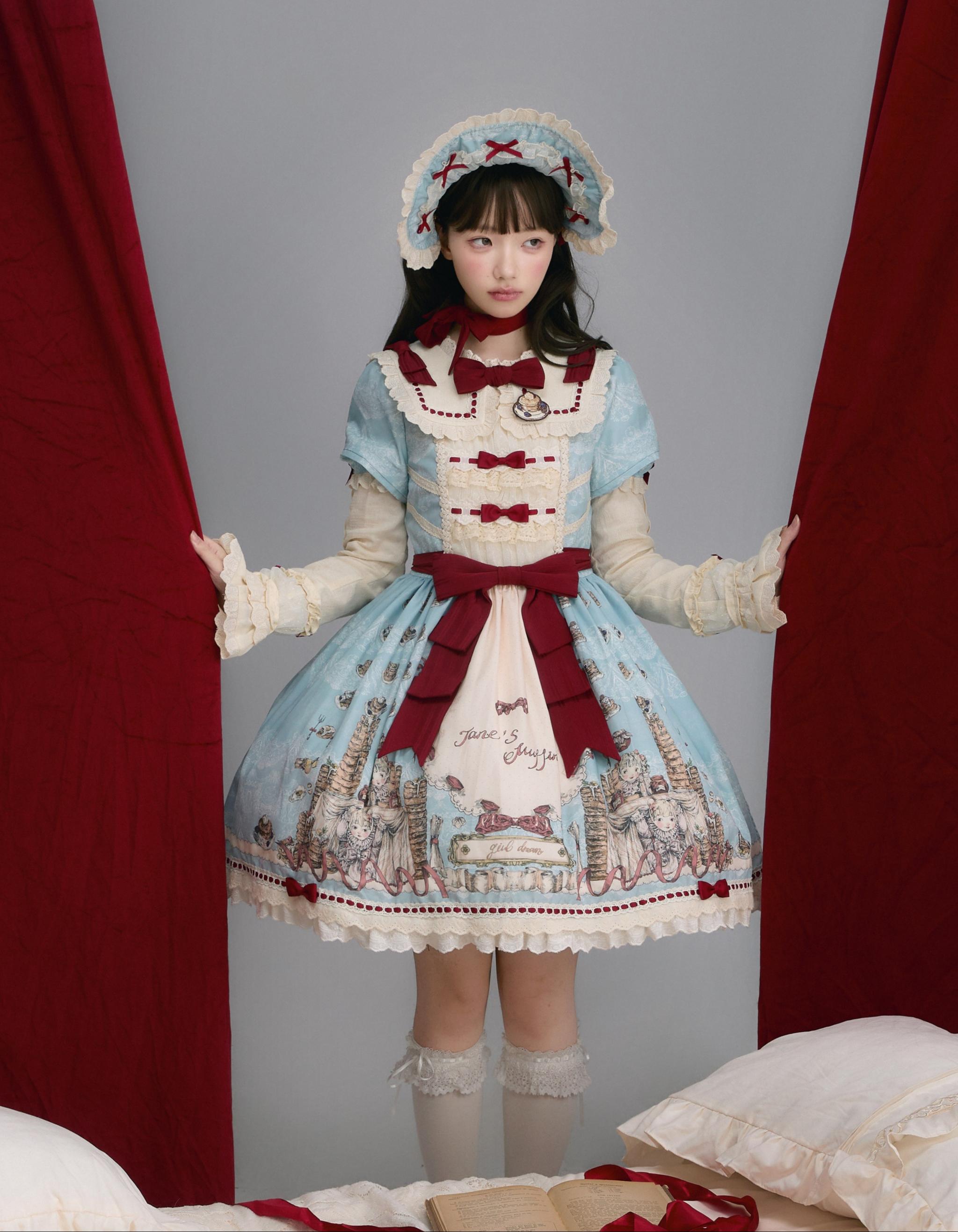 Pancake Postman - Kawaii Lolita Printed OP & Salopette Dress, Lace & Bows 45174:838679
