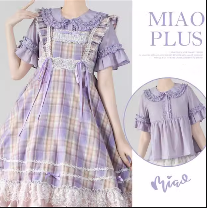 Miaoplus~Sweet Lolita Plaid JSK Multicolors short sleeve shirt S pink-purple plaid long type free size 
