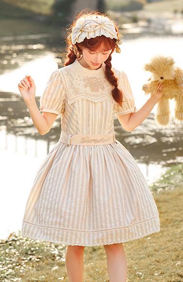 NyaNya~Go Picnicking~Solid Vintage College Lolita OP Dress Multicolors XXL Short-sleeved OP Dress-Beige 