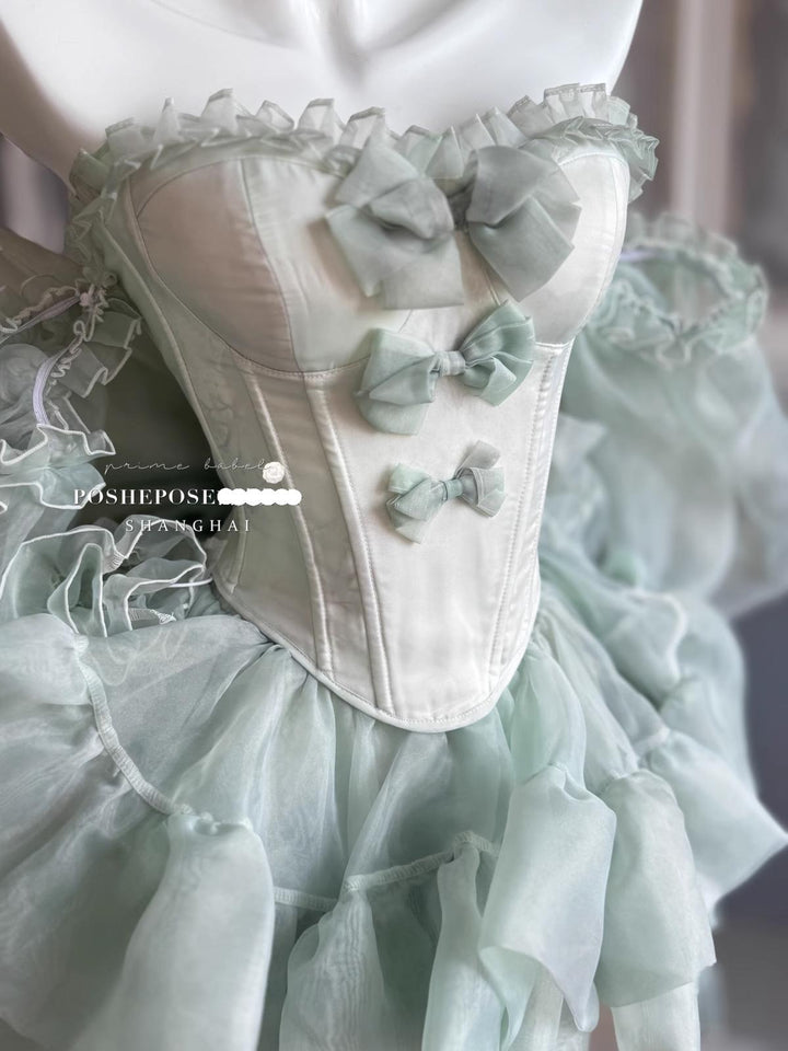 POSHEPOSE~Cherie Green~Sweet Lolita JSK High-end Full Set Puffy Sleeves Trailing Dress   