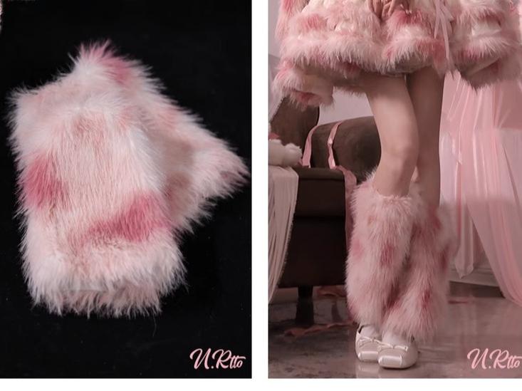 Urtto~Snow Song~Sweet Lolita Coat Pink Faux Fur Dress Set S leg warmers 