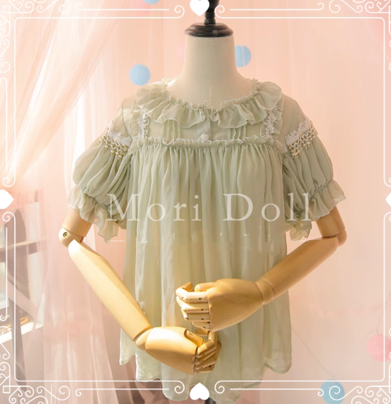 Mori Doll~Daily Lolita Puff Sleeve Short Sleeve Shirt S light green 