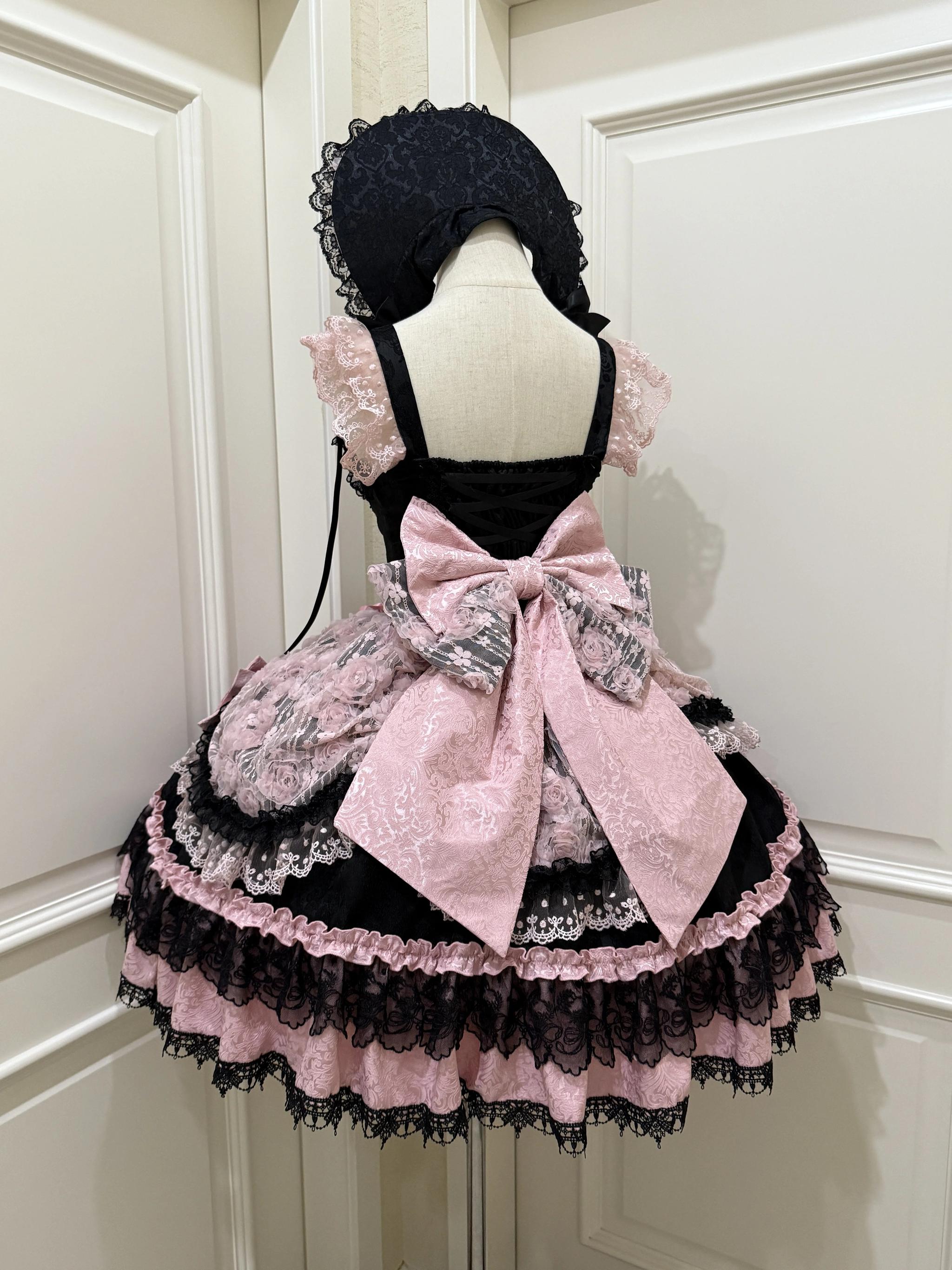 Sugar Girl - Rose Princess - Halloween Gothic Lolita JSK, Sheer Rose Dress Black-Pink JSK + Trailing + BNT S