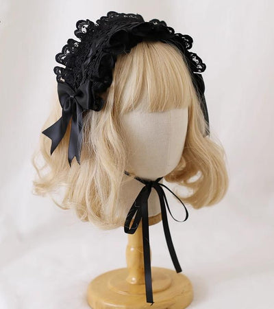 Xiaogui~Gothic Lolita Headband Cat Ear Hairpin Black with black lace hairband  
