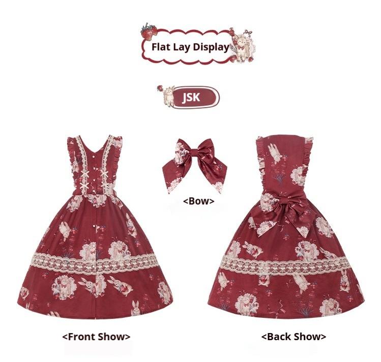 With PUJI~Sheepberry Bunny Air~Sweet Lolita Dress Velvet Print JSK and OP Red JSK with a Bow M