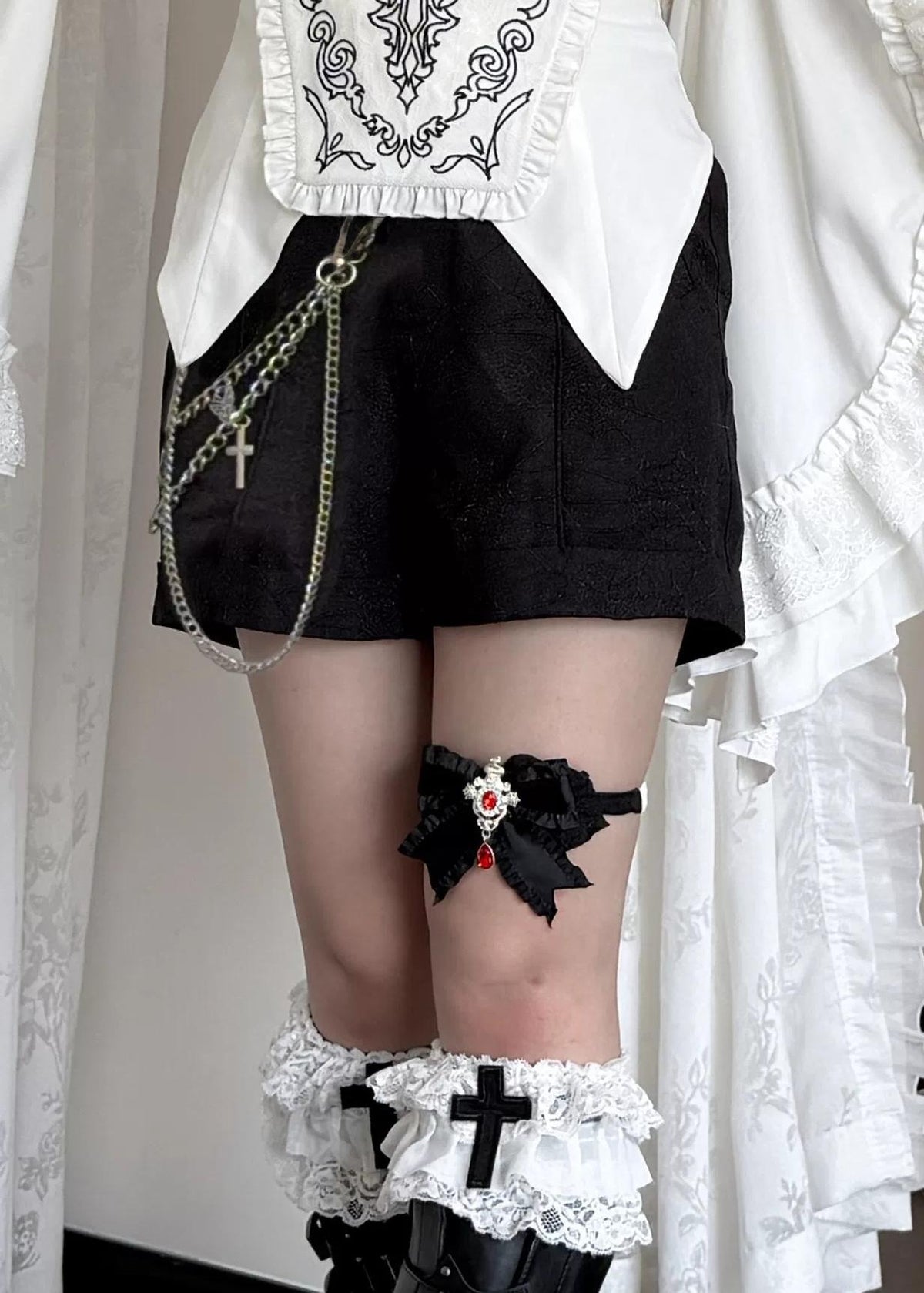 Sloth of Seven Deadly Sins - Ouji Lolita Hime Sleeve Blouse & Shorts Set, Cross Embroidery Shorts Only (one size) S