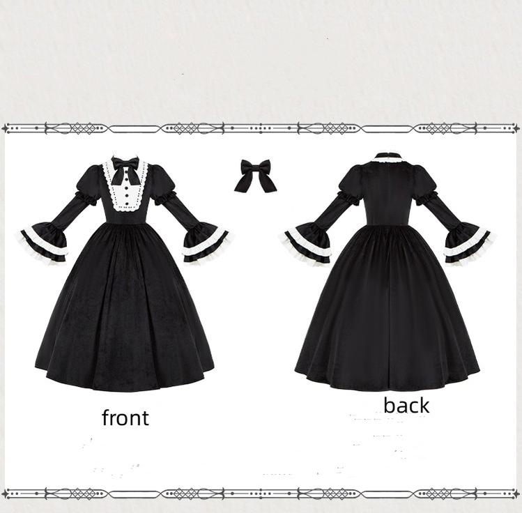 With PUJI~Sleepless Night~Classic Lolita Black OP Dress White Princess Sleeves   