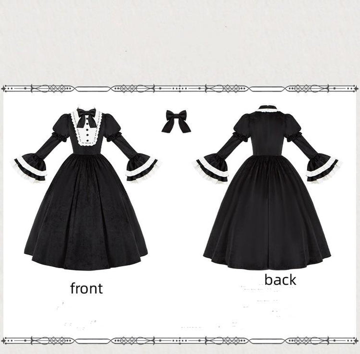 With PUJI~Sleepless Night~Classic Lolita Black OP Dress White Princess Sleeves   