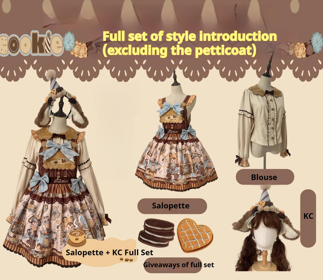 Star Fantasy~Bear Biscuit~Sweet Lolita Dress Winter Lolita OP and Salopette S Salopette KC Full Set-beige color