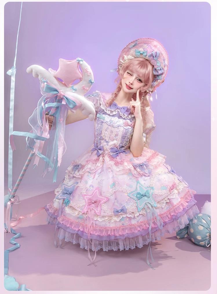 Little Twin Stars - Cotton Lining Sweet Lolita Dress Set, Unicorn and Star Print 45655:857288