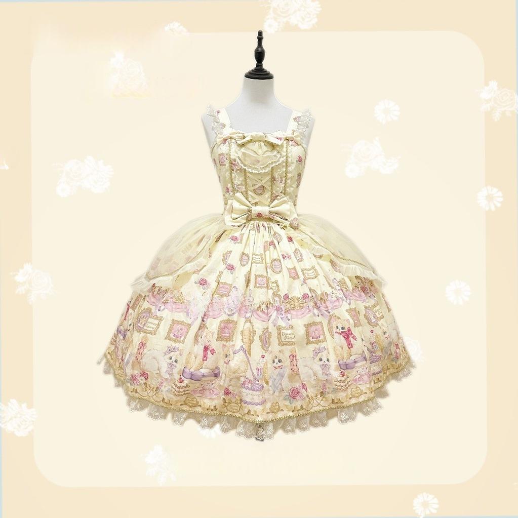 Discovering Treasures - Picture Frame Cat - Kawaii Lolita Dress Suit Cat Print JSK and OP (L M S XL) 42605:746474