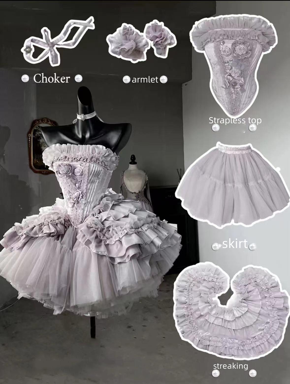 (BFM)POSHEPOSE~Victorian times with You~Elegant Gorgeous Lolita Dress for Summer Wear Floral bandeau top + train + short chiffon skirt with arm cuff + choker XS 