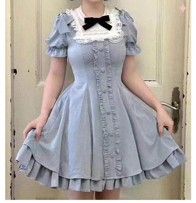 Sweet Wood~Plus Size Lolita OP Dress Summer Dress S Short version-grey blue OP 