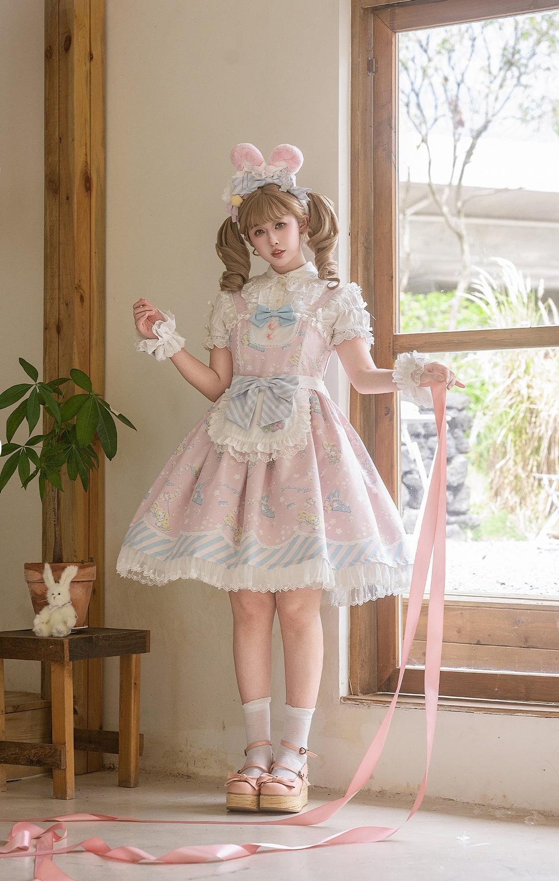 Star Gummies - IP Collaboration Sweet Lolita Dress, Bunny Print & Lace 44608:830542