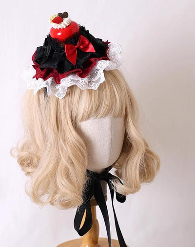 Xiaogui~Kawaii Lolita Hairpin Lace Cake Small Top Hat Black-red with white lace  