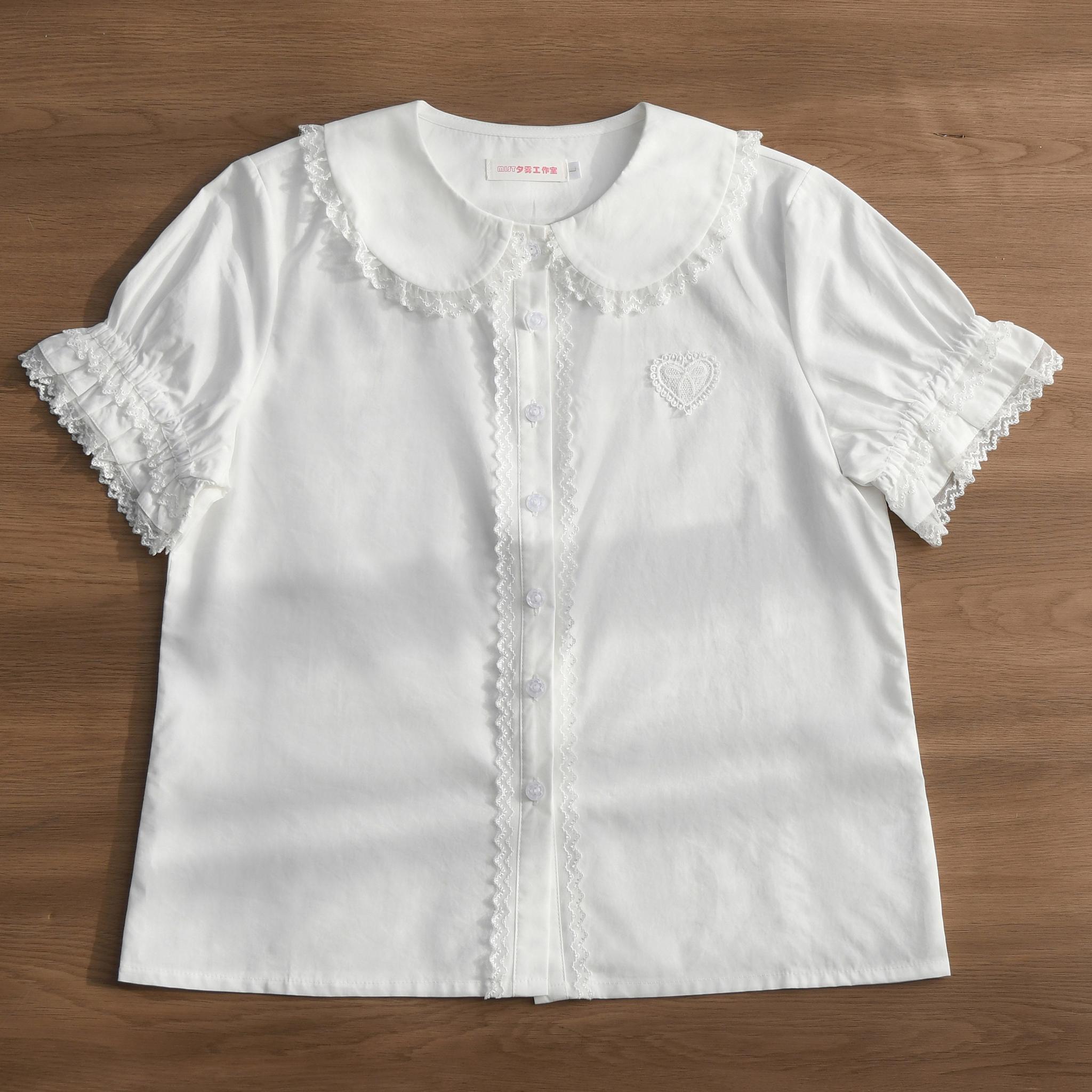 Kawaii Lolita Plaid Blouse With Cat Ear Peter Pan Collar Milky White Blouse Only S