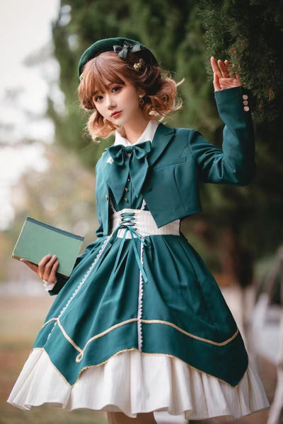 Cyan Lolita~Wordless Poetry~Casual Lolita Preppy Suit Dress   