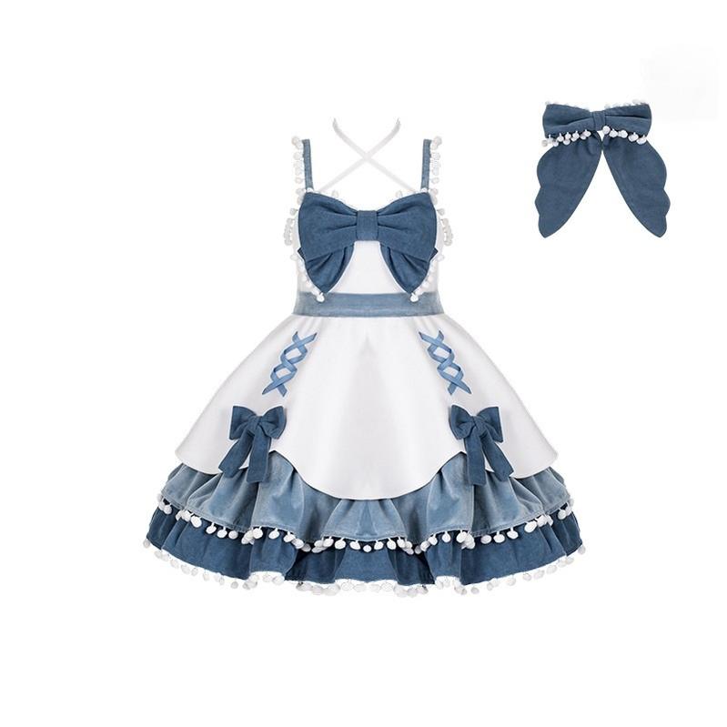 With PUJI - Confession Function - Wool Kawaii Lolita JSK Dress Suit S Green Blue JSK + Back Bow Trailing