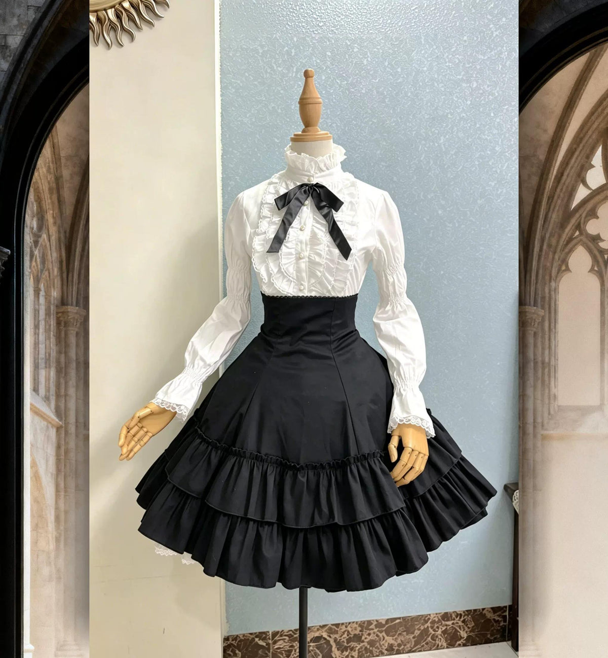 Black Gothic Lolita High Waist Skirt, Drawstring Lift-up Back Hem 46013:872344