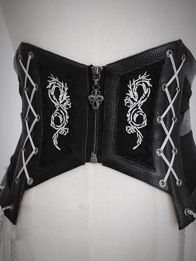 Alice Girl~Bony Dragon~Chinese Style Lolita Black V-shaped Waistband with Silver Dragon Embroidery   