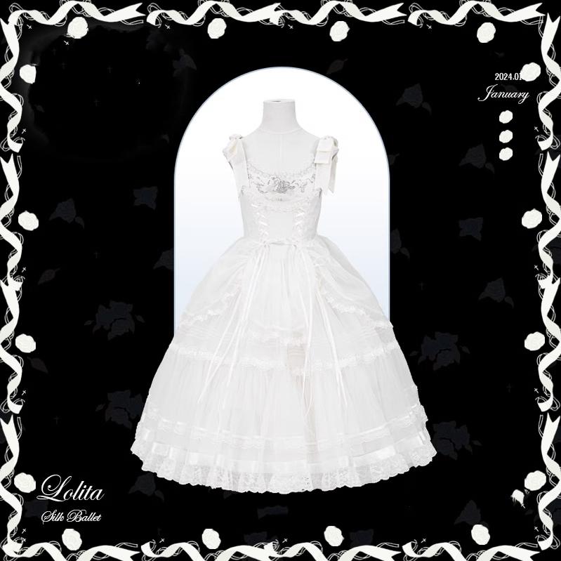 Flower and Pearl Box~Silk Ballet~Wedding Lolita JSK Dress Princess Ballet Dress XS Long JSK (White) 