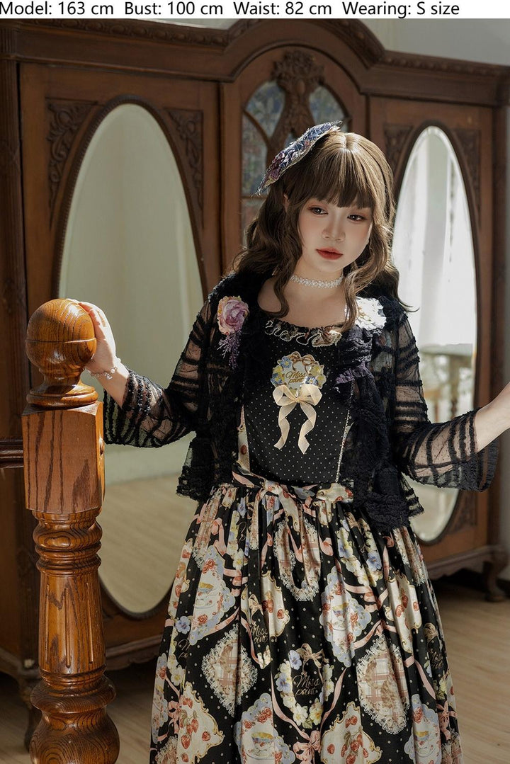 Miss Point~Cat and Rose Tea~Sweet Lolita Tulle Cardigan and Long Skirt Overlay 42141:728327