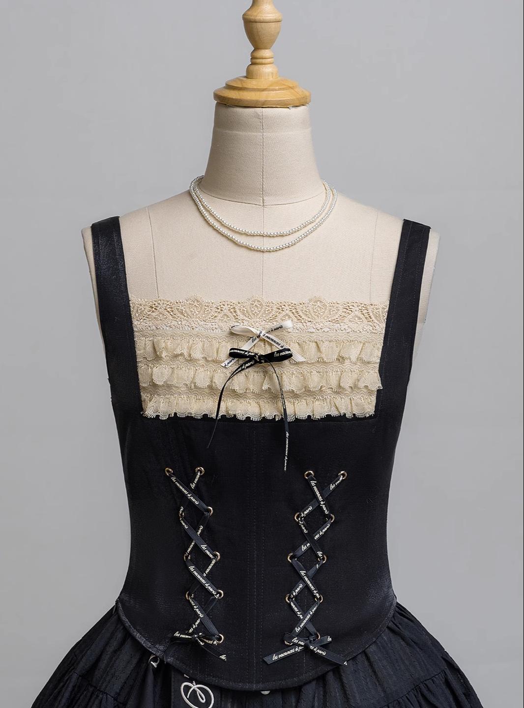 JS Lolita~Paris Holiday~Elegant Lolita Skirt Set French Lolita Corset Set French Style Corset - Black S 
