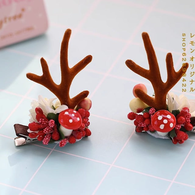 Xiaogui~Christmas Deer Horn and Daisy Lolita Hair Clips a pair of red mushroom and deer horn hair clips  