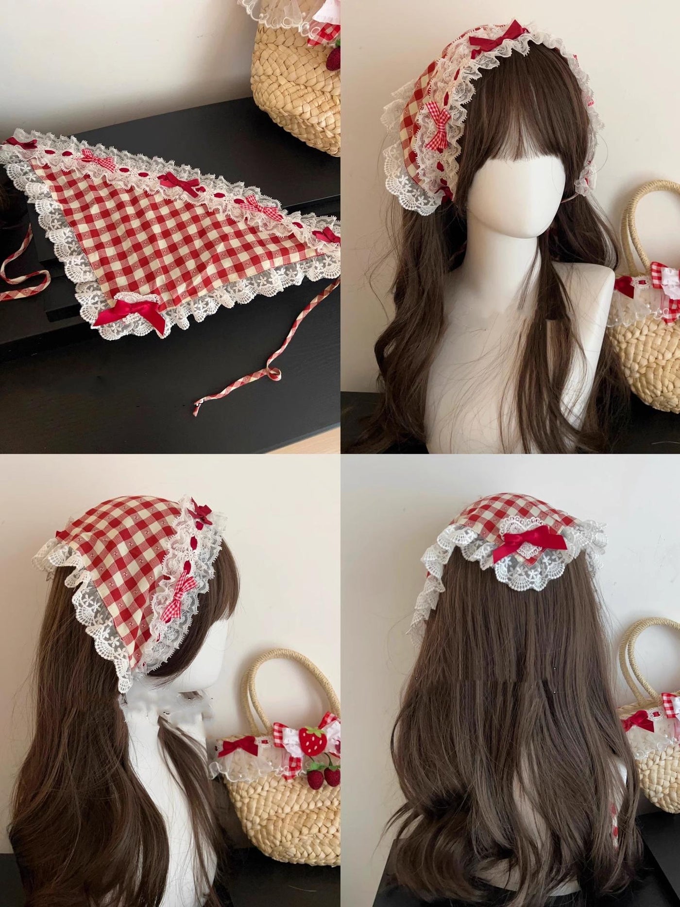 Sugar Girl~Strawberry Tea~Sweet Red Lolita OP Dress Short Sleeve Apron Dress S Red triangular scarf 