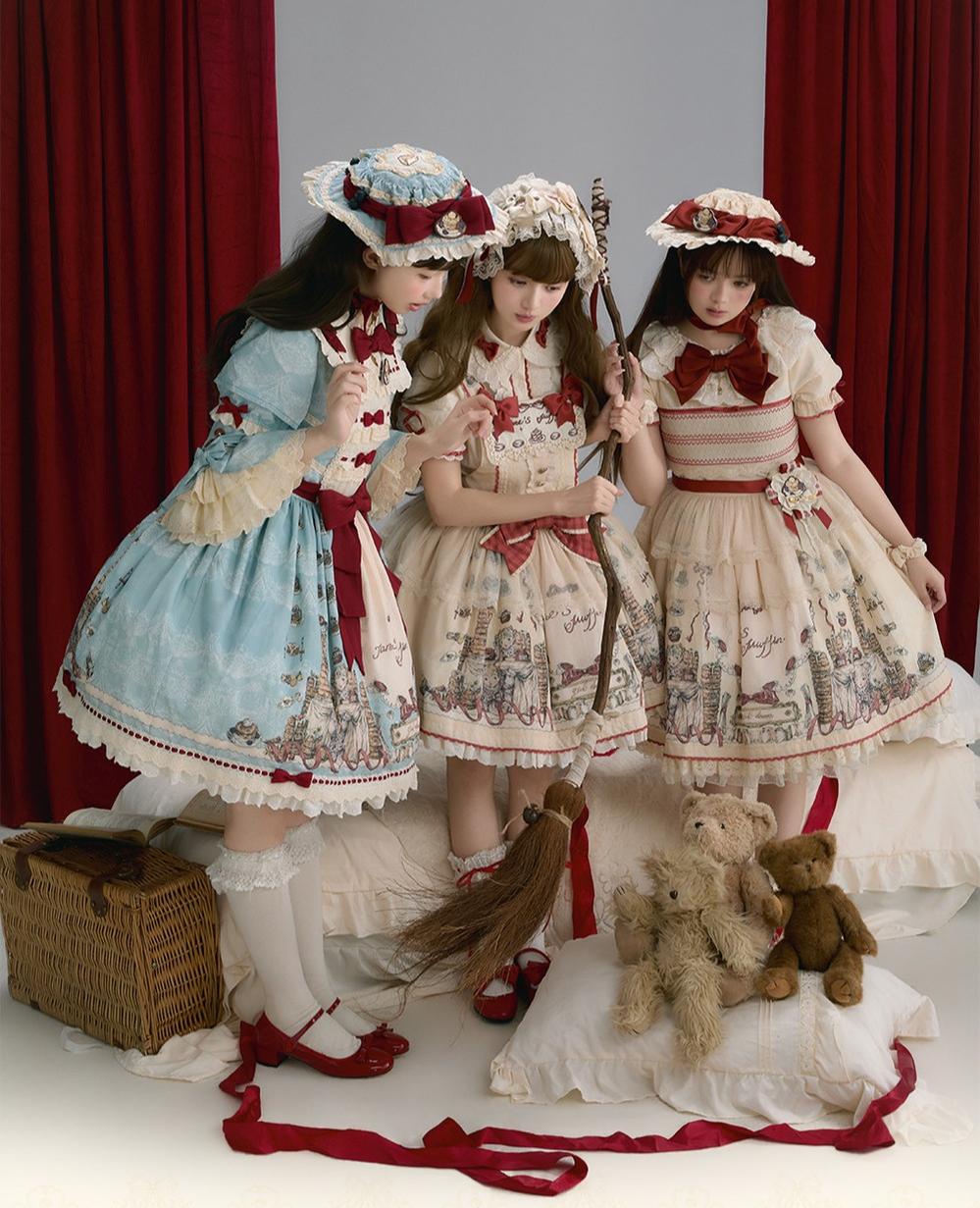 Pancake Postman - Kawaii Lolita Printed OP & Salopette Dress, Lace & Bows