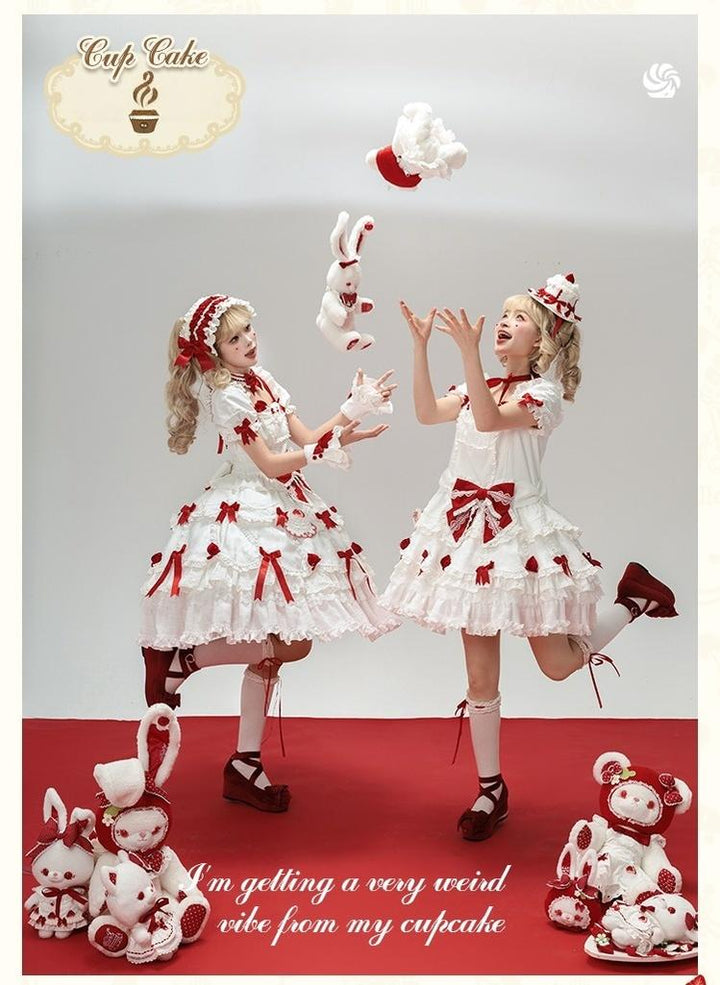 Mademoiselle Pearl - Cup Cake - White, Red Bow, Sweet Lolita Dress Set
