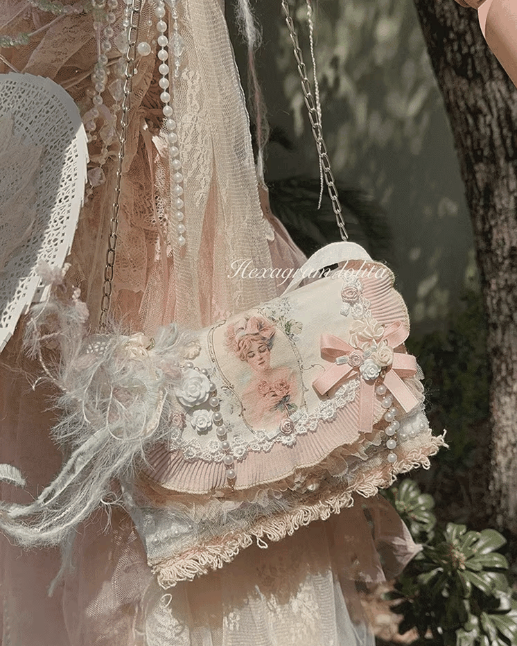 Hexagram~Camellia~Country Lolita Handbag Lace Feather Crossbody Bag   