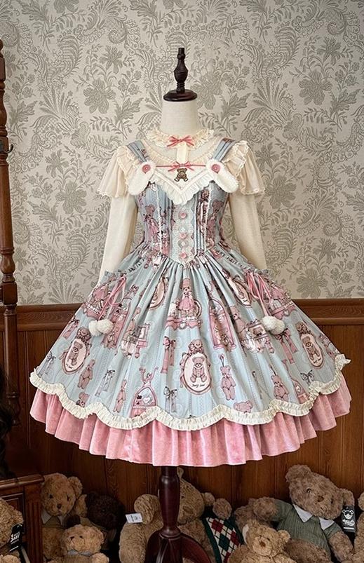 Alice Girl~Teddy Bear Wall~Kawaii Lolita OP Dress Teddy Bear Embroidery JSK XS Pink and Green (Sheep Ears JSK) 