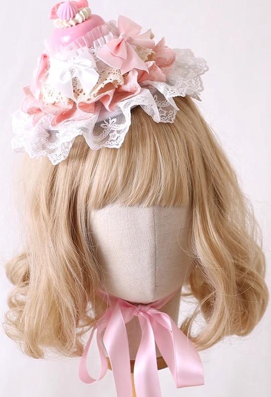 Xiaogui~Kawaii Lolita Hairpin Lace Cake Small Top Hat Light pink with white lace  