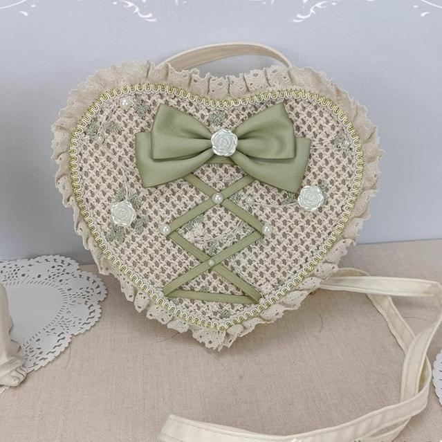 Cocoa Jam~Sweet Lolita Handbag Handmade Woven Heart Shape Crossbody Bag Grass green- long PU leather strap  