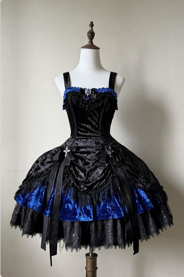 Dark Raven Poem - Gothic Lolita JSK & Bolero Dress Set, Diamond Velvet (Blue / L M S XL) 45967:869850