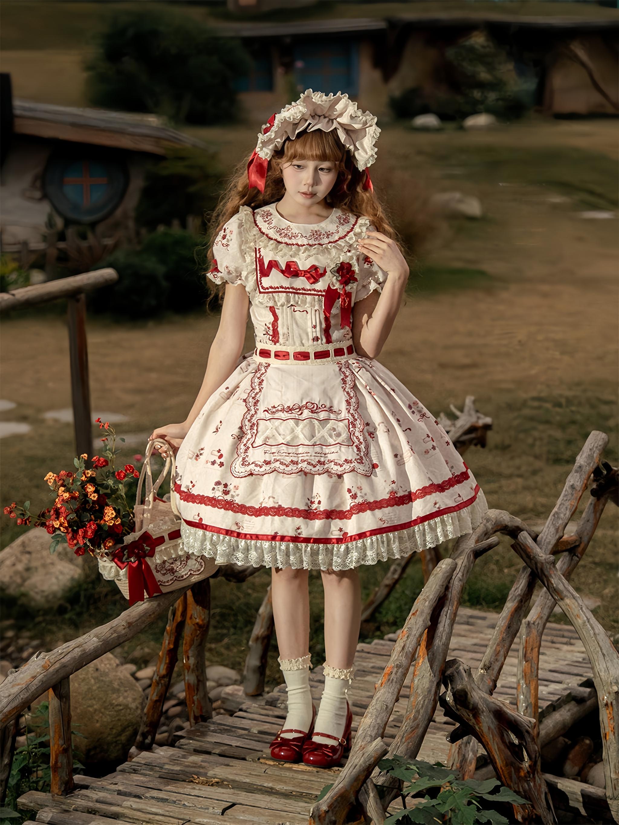 Rose Catalogue - Printed Sweet Lolita OP Dress, Embroidered Apron