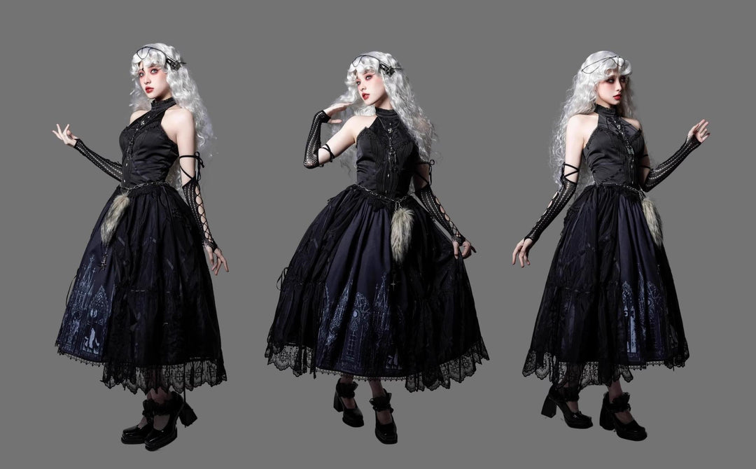 Wuyuzhe~Wolf Hunter~Gothic Lolita SK Set Halter Overskirt Cape Vest   