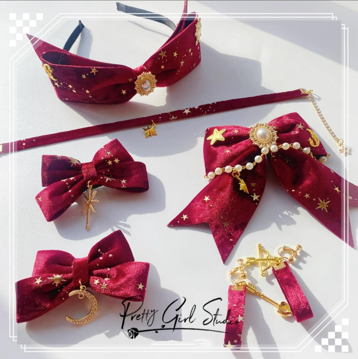 Pretty Girl Lolita~Retro Lolita Velvet Burgundy Headdress Christmas full set  