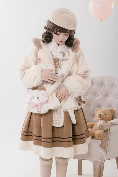 With PUJI~Mocha Bear~Winter Hooded Bear Ear Fleece Lolita Coat   
