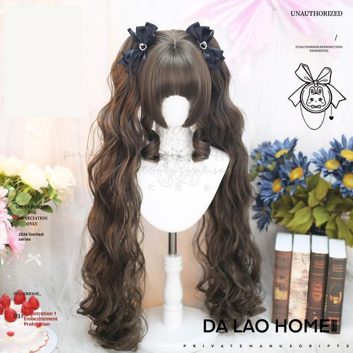 Dalao Home~Curly Lolita Wig Double Ponytails Natural Wig Hazelnut grey-brown wig with a hairnet