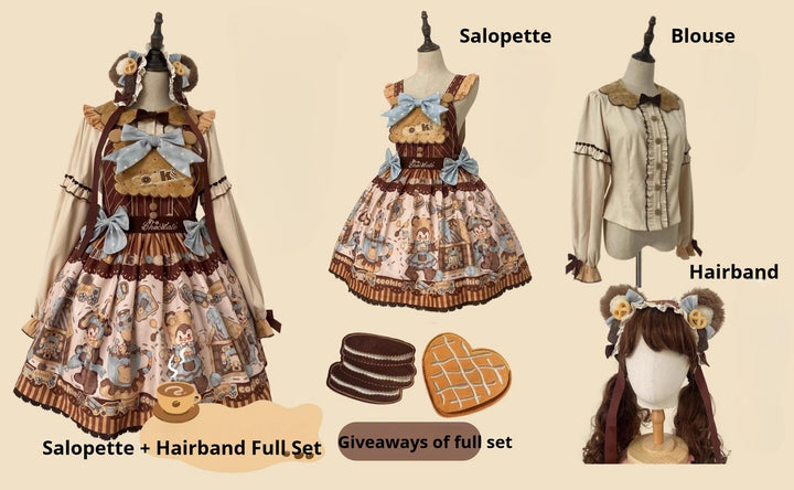 Star Fantasy~Bear Biscuit~Sweet Lolita Dress Winter Lolita OP and Salopette S Salopette Hairband Full Set-beige color