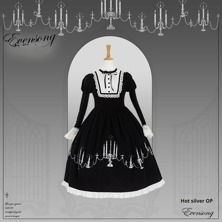 Mademoiselle Pearl~Winter Evening Prayer~Gothic Lolita Jumper Dress Embroidered Candlestick OP Dress XS Silver Stamping OP 