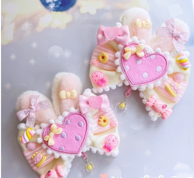(Buy for me)Sweetheart Endless~Sweet Lolita Lace Rabbit Ears Cuffs Multicolor a pair of big rabbit ears and heart yellow-pink pin (not cuff)  