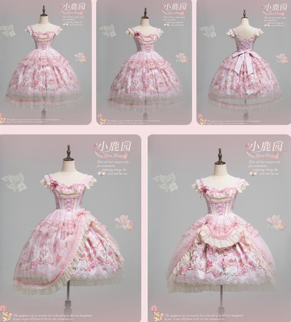 Deer Garden - Sweet Lolita Deer Printed JSK Dress with Tulle Overlay 45607:855280