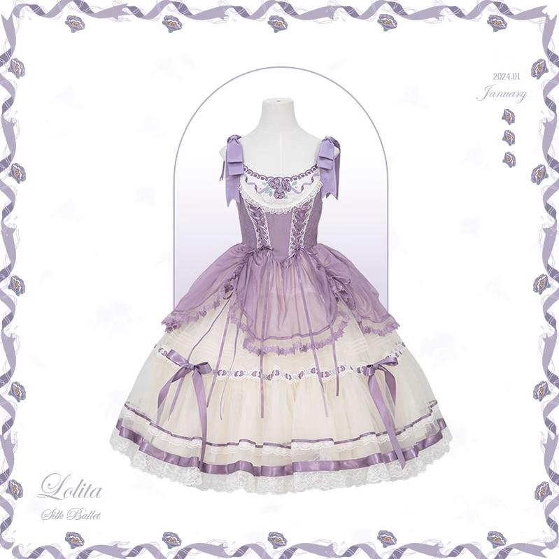 Flower and Pearl Box~Silk Ballet~Wedding Lolita JSK Dress Princess Bridal Dress XS Long JSK (Purple) 