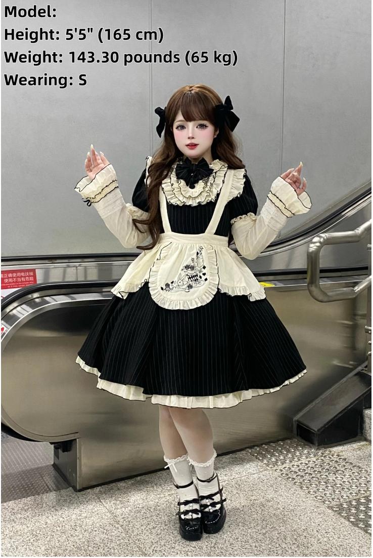 Chubby Cat Diary - Afternoon Tea - Striped Sweet Lolita OP, Petal-Ruffled Apron 44318:804593