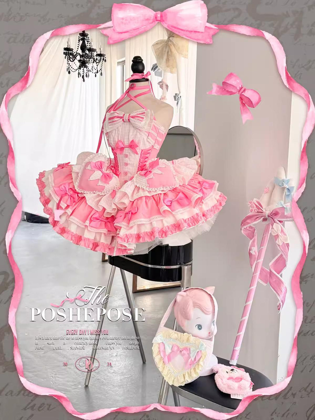 POSHEPOSE~Limited Gratitude Collection~Sweet Lolita Dress High-end Tiered Skirt Dress XS Sakura Tinted Lotus Language 